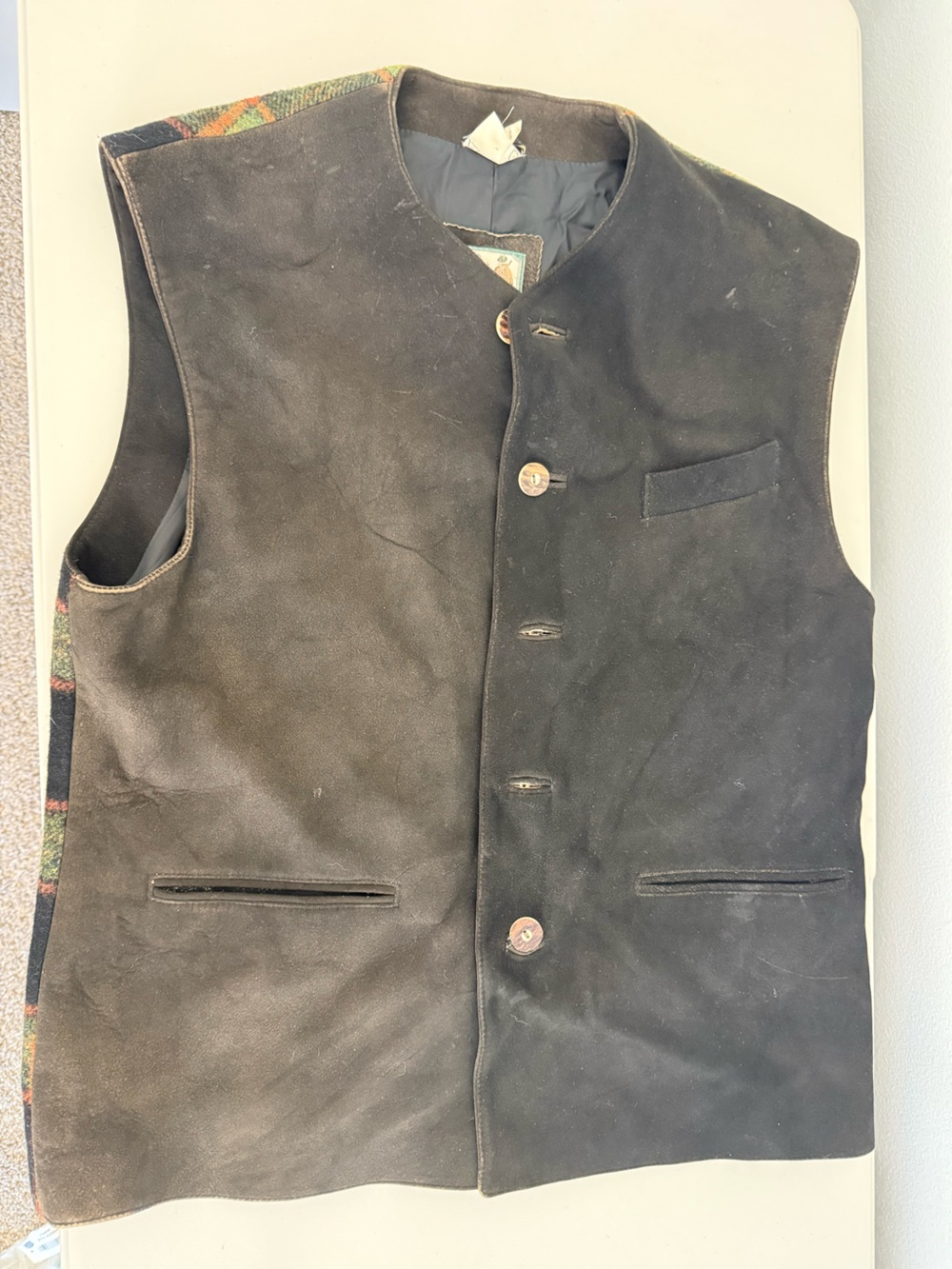 Oktoberfest Meindl Vintage German Leather Suede Plaid Wool Trachten Vest 54 XL